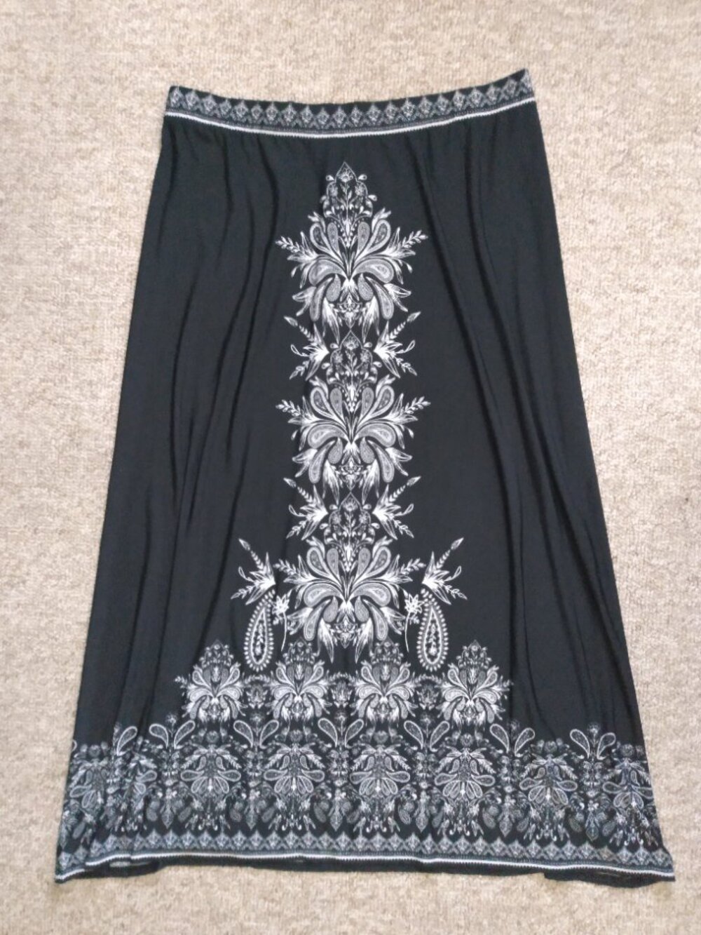 Midnight Velvet Long Skirt Black With White Design 1X Elastic Waist